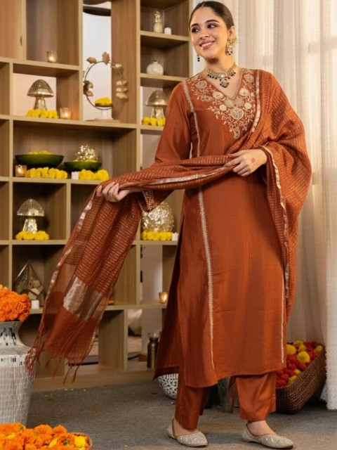 Keitra Women Ethnic Motifs Embroidered Regular Thread Work Kurta with Trousers & With Dupatta - Image 2