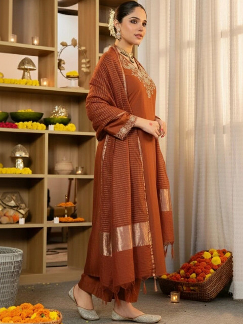 Keitra Women Ethnic Motifs Embroidered Regular Thread Work Kurta with Trousers & With Dupatta - Image 3