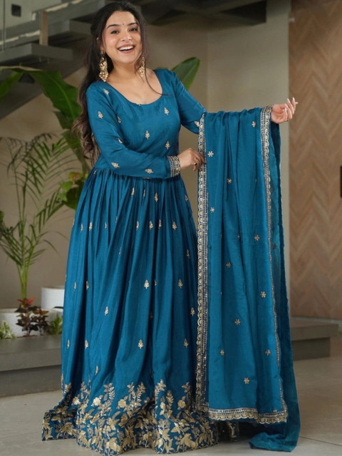 HERE&NOW Ethnic Motifs Embroidered Chiffon Ethnic A-Line Maxi Dress