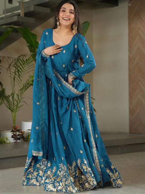 HERE&NOW Ethnic Motifs Embroidered Chiffon Ethnic A-Line Maxi Dress - Image 5