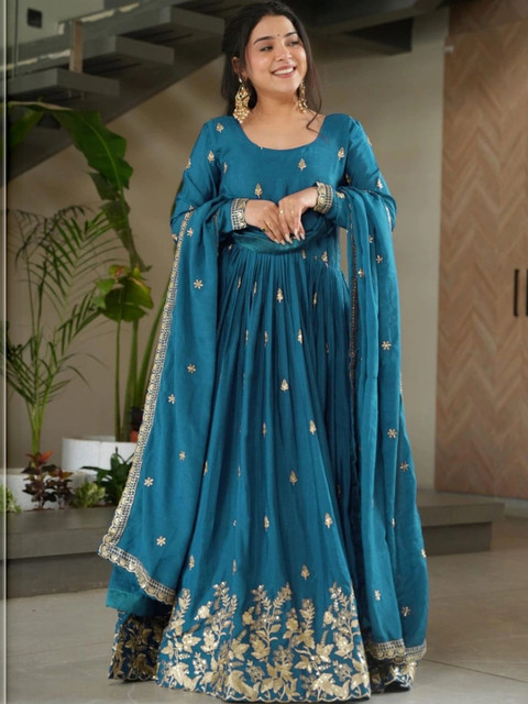 HERE&NOW Ethnic Motifs Embroidered Chiffon Ethnic A-Line Maxi Dress - Image 3