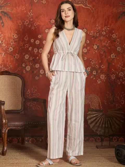 Sangria Pastels Cotton Striped Top with Trousers
