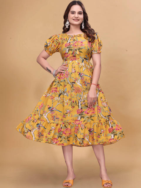 QENA Floral Print Puff Sleeve A-Line Midi Dress