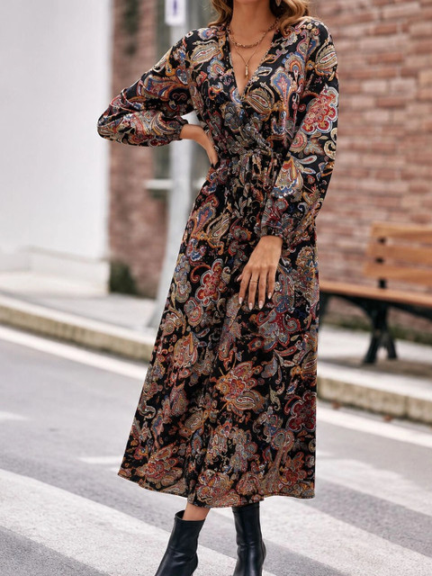 HR FASHION ZONE Printed V-Neck Fit & Flare Maxi Dress - Image 3