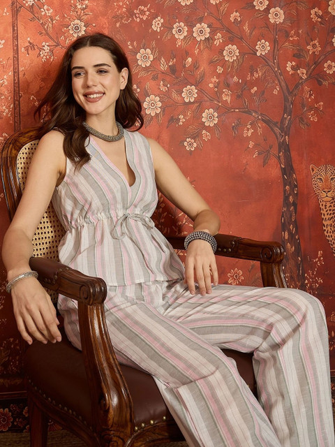 Sangria Pastels Cotton Striped Top with Trousers - Image 3