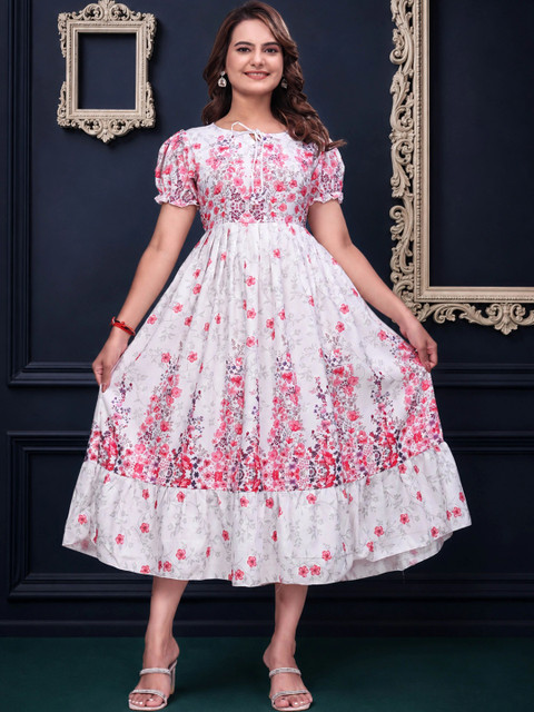 QENA Floral Print Puff Sleeve A-Line Midi Dress