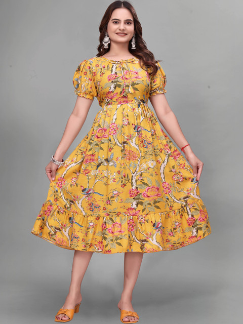 QENA Women Floral Printed Puff Sleeve A-Line Midi Dress