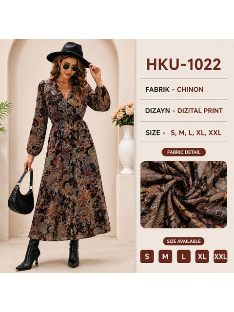 HR FASHION ZONE Printed V-Neck Fit & Flare Maxi Dress - Image 4