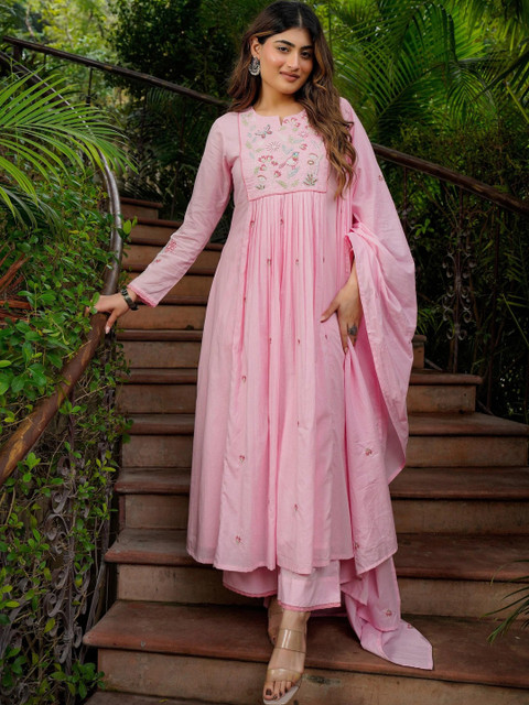 Aeristo Women Floral Embroidered Empire Thread Work Chanderi Silk Kurta with Palazzos & With Dupatta