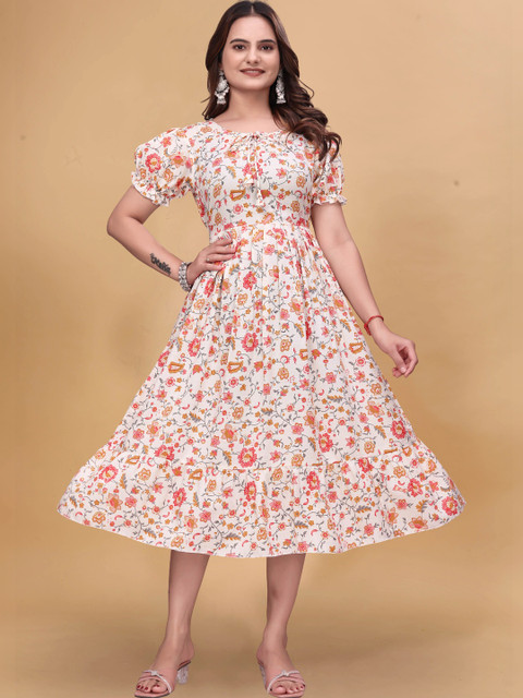 QENA Floral Print Puff Sleeve Fit & Flare Midi Dress