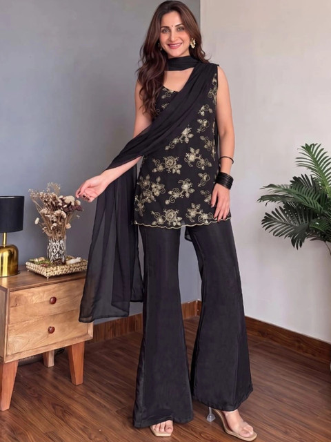 Teegital Women Ethnic Motifs Embroidered Regular Sequinned Kurta with Palazzos & With Dupatta - Image 4