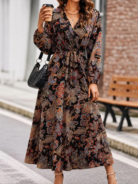 HR FASHION ZONE Printed V-Neck Fit & Flare Maxi Dress - Image 2