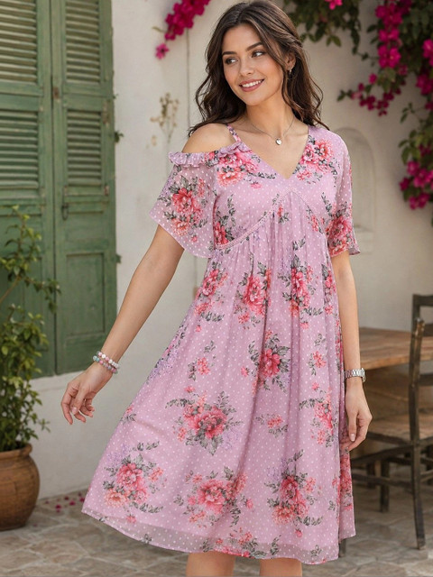 YURAA THE LABEL Floral Print Cold-Shoulder Ruffled Georgette A-Line Dress