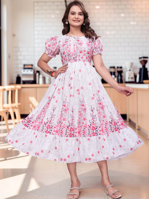 QENA Floral Print Puff Sleeve A-Line Rayon Midi Dress