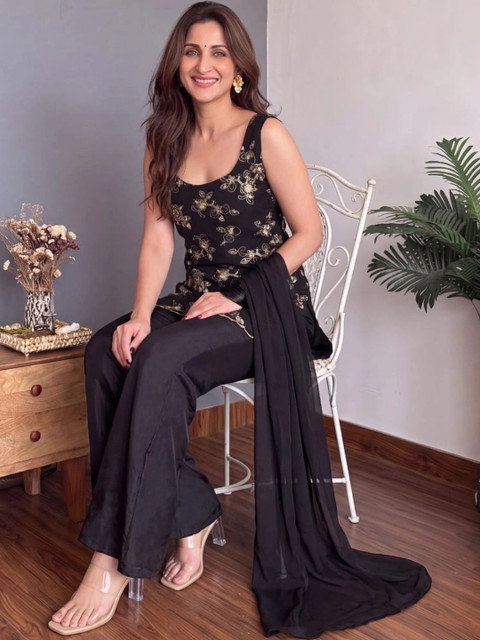 Teegital Women Ethnic Motifs Embroidered Regular Sequinned Kurta with Palazzos & With Dupatta - Image 2