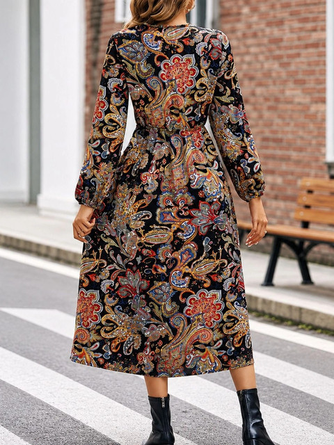 HR FASHION ZONE Printed V-Neck Fit & Flare Maxi Dress - Image 5