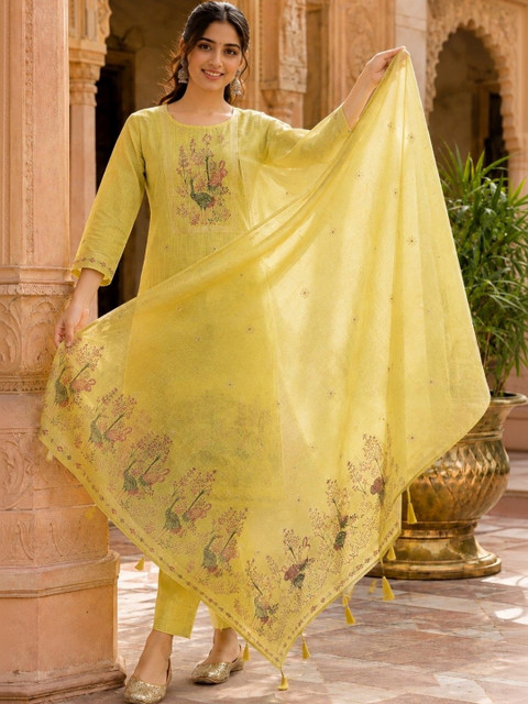 JEEREVA Women Ethnic Motifs Printed Regular Thread Work Kurta with Trousers & With Dupatta - Image 6