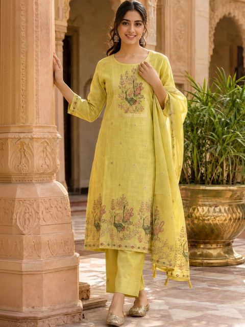 JEEREVA Women Ethnic Motifs Printed Regular Thread Work Kurta with Trousers & With Dupatta