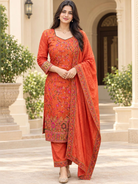 KALINI Women Floral Printed Regular Phulkari Kurta with Trousers & With Dupatta