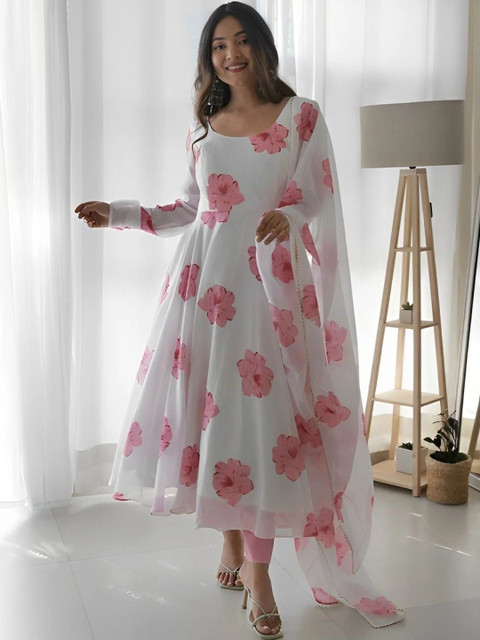 JS CREATIVE Floral Print Georgette A-Line Maxi Dress