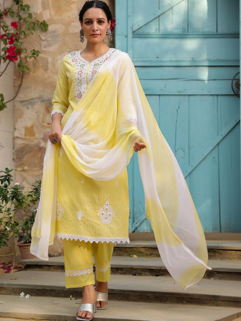 Bairaas Women Embroidered Pure Cotton Kurta with Trousers And Dupatta