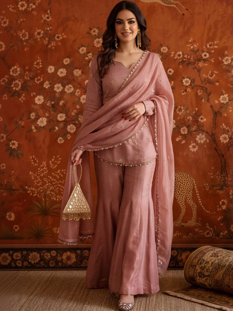 Sangria Women Embroidered Regular Kurta with Sharara & With Dupatta