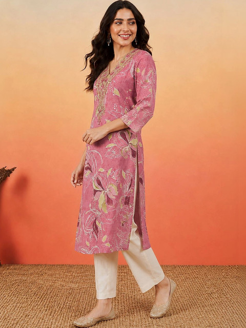 KALINI Women Floral Printed Thread Work Floral Kurta - Image 3