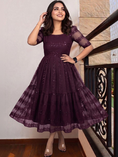 HAYAN STYLISTA Ethnic Motifs Embroidered Net Fit & Flare Midi Dress