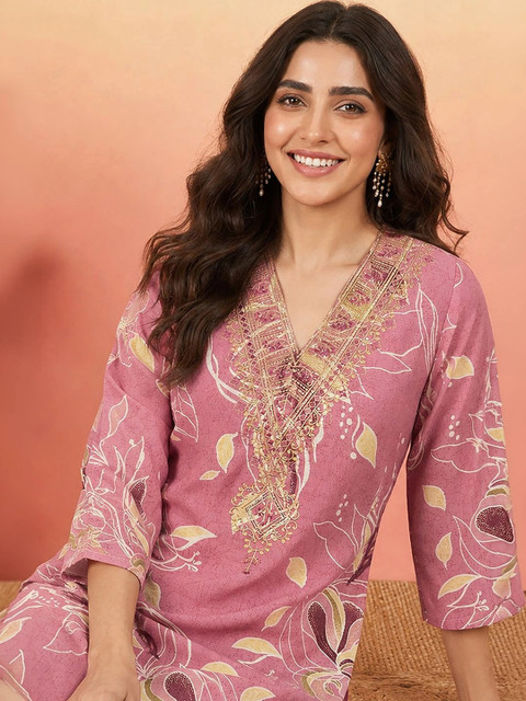 KALINI Women Floral Printed Thread Work Floral Kurta - Image 2