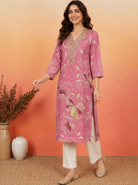 KALINI Women Floral Printed Thread Work Floral Kurta