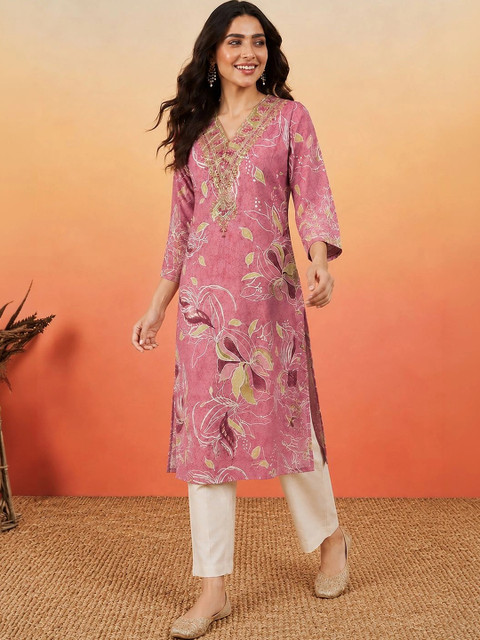 KALINI Women Floral Printed Thread Work Floral Kurta - Image 6