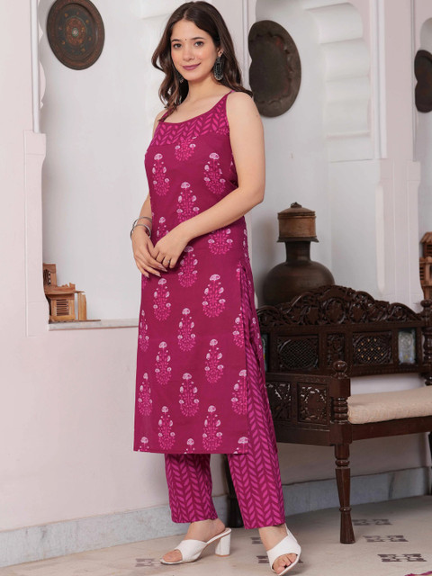 Sangria Women Ethnic Motifs Printed Regular Pure Cotton Kurta with Trousers - Image 3