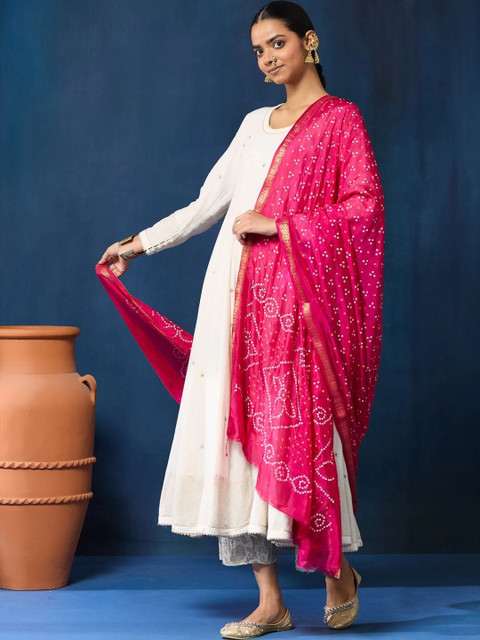 Taavi Women Pink Tie and Dye Woven Design Jacquard Weave Printed Bandhani Dupatta - Image 6