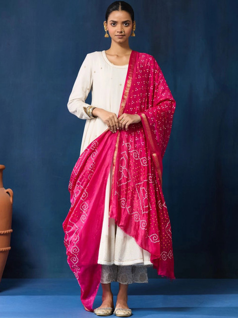 Taavi Women Pink Tie and Dye Woven Design Jacquard Weave Printed Bandhani Dupatta