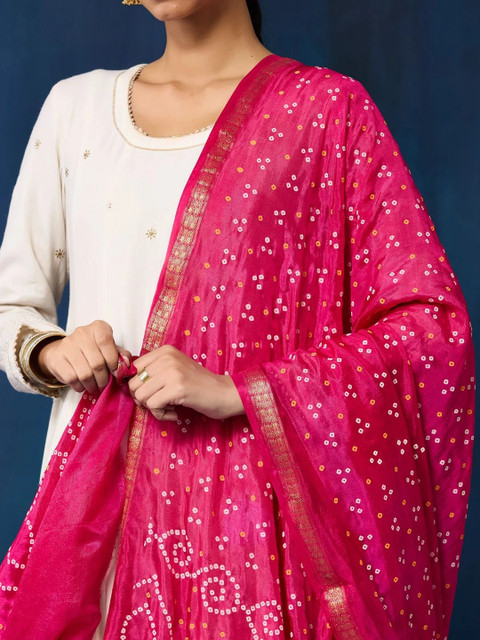 Taavi Women Pink Tie and Dye Woven Design Jacquard Weave Printed Bandhani Dupatta - Image 3