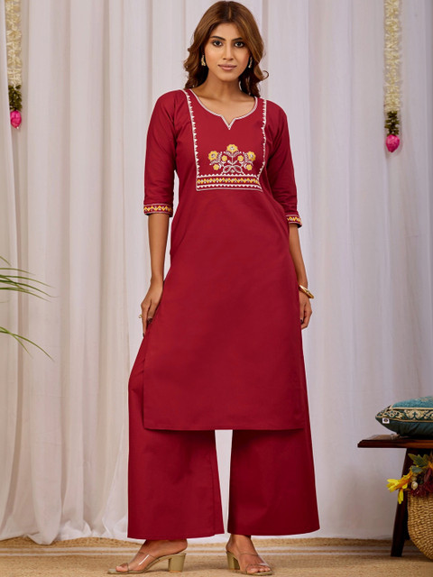 Sangria Indie Florals Embroidered Top with Palazzos