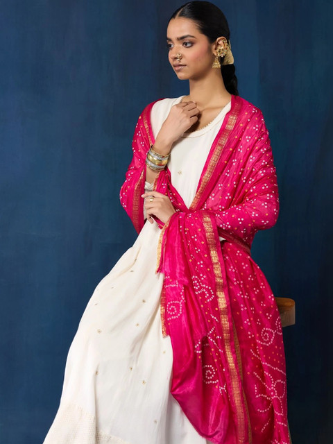 Taavi Women Pink Tie and Dye Woven Design Jacquard Weave Printed Bandhani Dupatta - Image 4