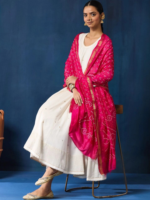 Taavi Women Pink Tie and Dye Woven Design Jacquard Weave Printed Bandhani Dupatta - Image 5