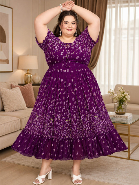 QENA Women Floral Print Puff Sleeve Georgette A-Line Maxi Dress
