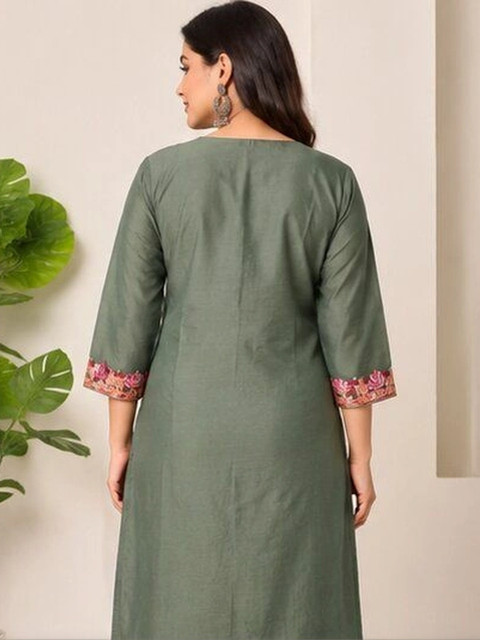 KALINI Women Floral Embroidered Regular Thread Work Pure Cotton Kurta with Trousers - Image 3