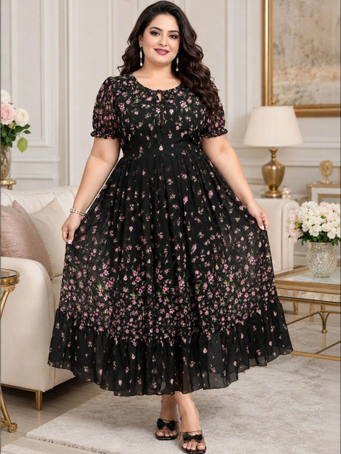 QENA Floral Print Puff Sleeve Georgette A-Line Maxi Dress