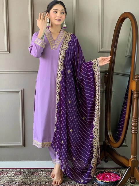all about you Women Ethnic Motifs Embroidered Regular Kurta with Trousers & With Dupatta