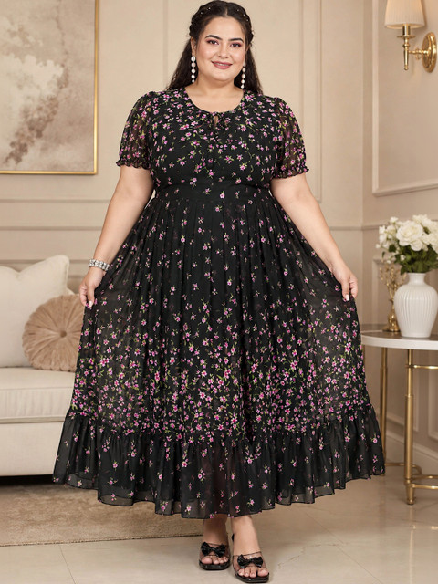 QENA Floral Women Print Round Neck Georgette A-Line Midi Dress