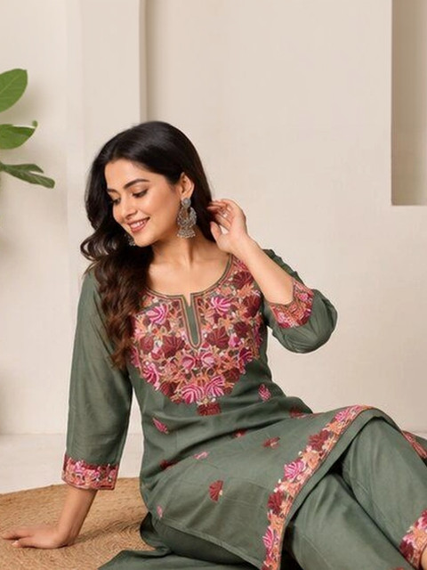 KALINI Women Floral Embroidered Regular Thread Work Pure Cotton Kurta with Trousers - Image 2