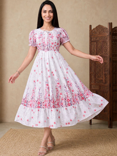 QENA Floral Print Puff Sleeve Fit & Flare Midi Dress