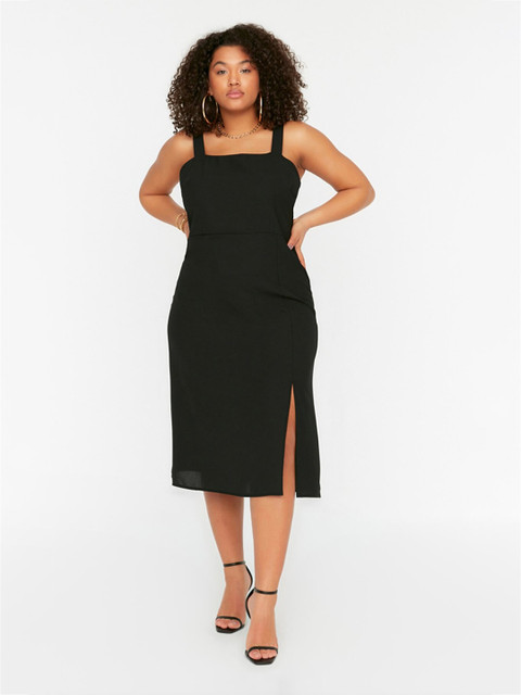 Trendyol Women Plus Size Black Shoulder Strap Sheath Midi Dress