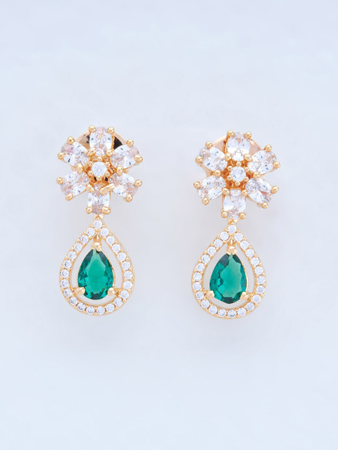 Kushal's Fashion Jewellery Green & Gold Contemporary Cubic Zirconia Drop Earrings - Image 2