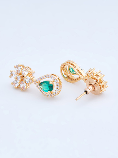 Kushal's Fashion Jewellery Green & Gold Contemporary Cubic Zirconia Drop Earrings - Image 3