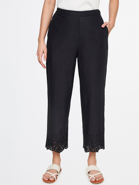 Global Desi Women Black Straight Fit Pure Cotton Culottes Trousers