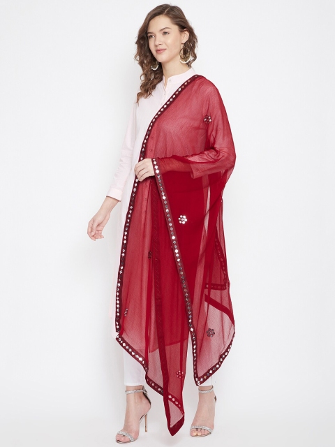 Clora Creation Maroon Embroidered Chiffon Dupatta with Mirror Work - Image 3